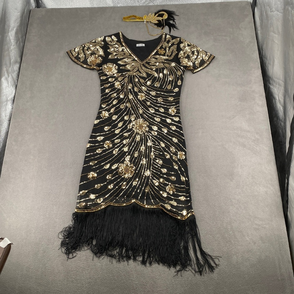 Yessa Black Gold Sequin Beaded Flapper Dress Fringe 1920s Great Gatsby Costume L